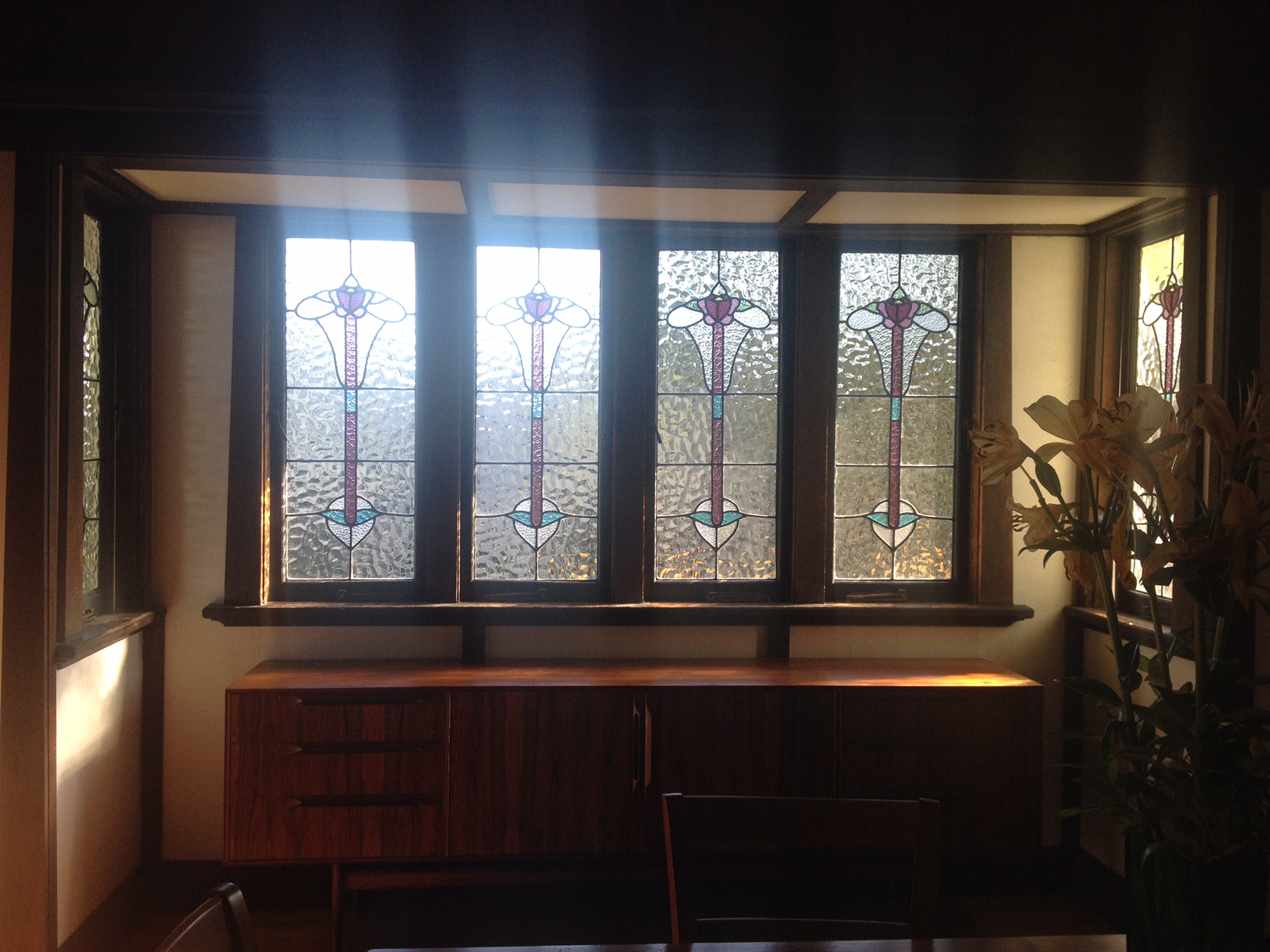 The restored leadlight windows installed in the Yeronga house.